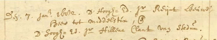 Registratie in het Doop- en Trouwboek van Stedum op 7 jan. 1682 tussen Reijnt Leeuwe heer van Middelstum en Hillena Clant van Stedum (Coll. DTB, toeg.nr. 124, inv.nr. 429, folio 54v.